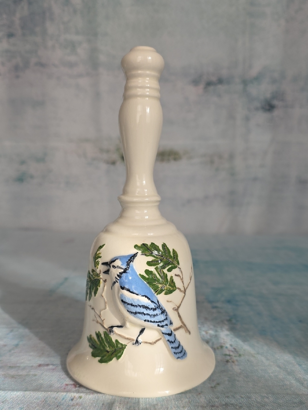 Ceramic Blue Jay Decorative Bell - Cream and Blue